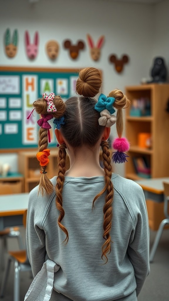 A girl with a playful hairstyle featuring colorful accessories like bows and flowers.