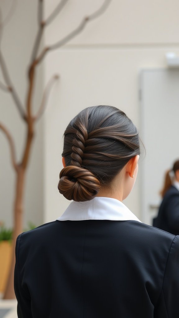 A girl with a twisted low bun hairstyle, wearing a black outfit with a white collar.