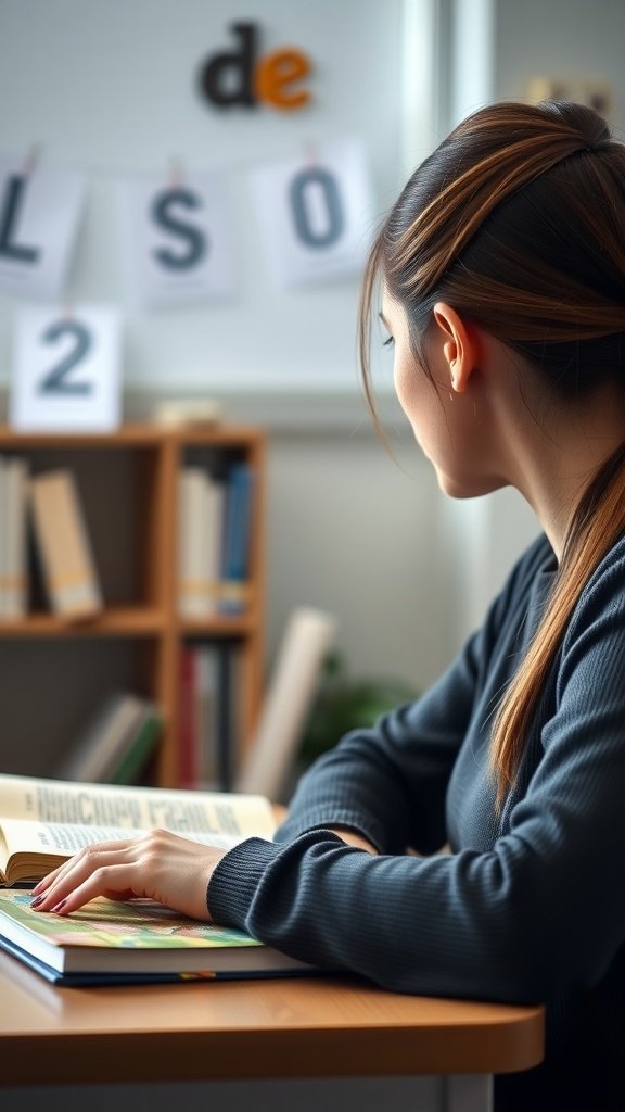 A student with a sleek low ponytail studying at a desk.