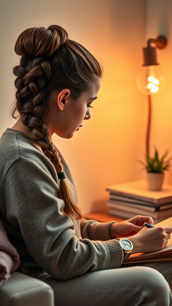 A young person with a braid and bun hairstyle, writing in a notebook.