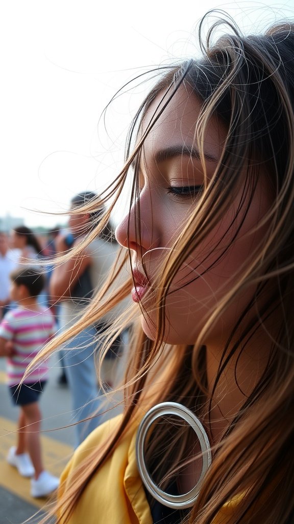 A young woman with loose, wavy hair blowing in the wind, wearing a yellow jacket and an oversized silver necklace.