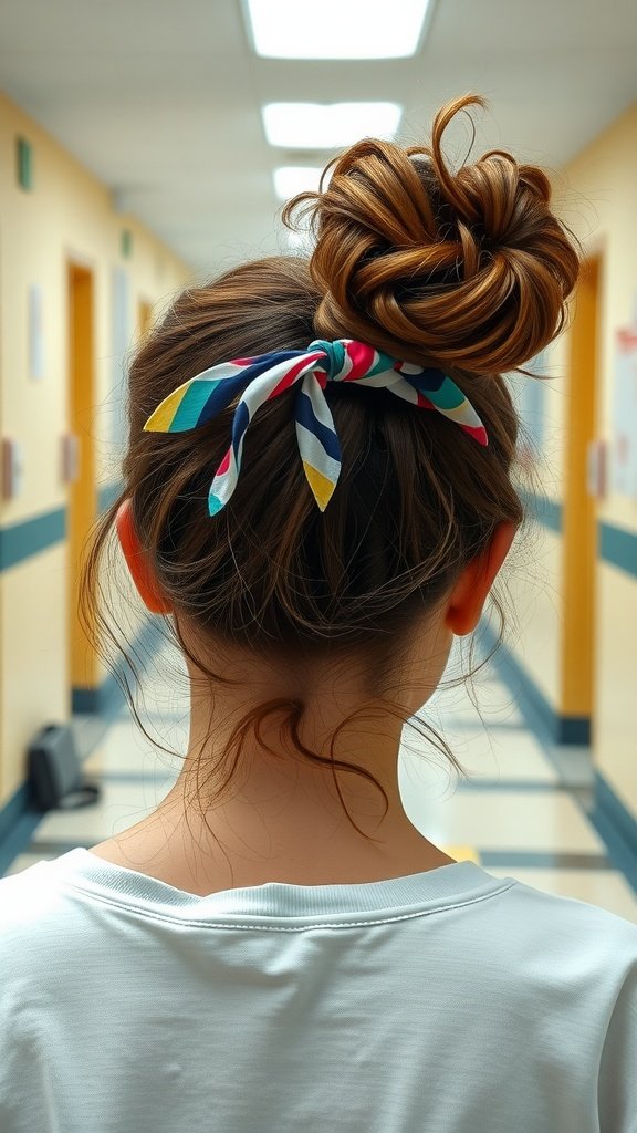 A girl with a messy bun held up by a colorful headband, seen from the back.