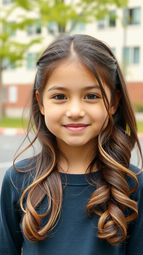 A girl with half-up half-down waves hairstyle, smiling outdoors.