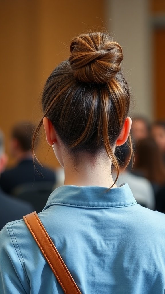 A simple knotted hairstyle seen from the back, featuring a neat bun and loose strands.