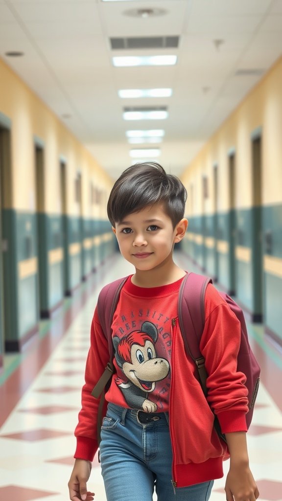 A child walking down a school hallway, sporting a textured pixie cut.