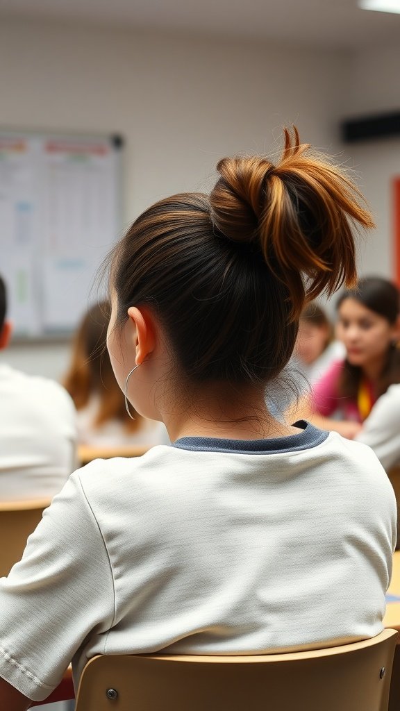 A student with a high-volume high ponytail sitting in class