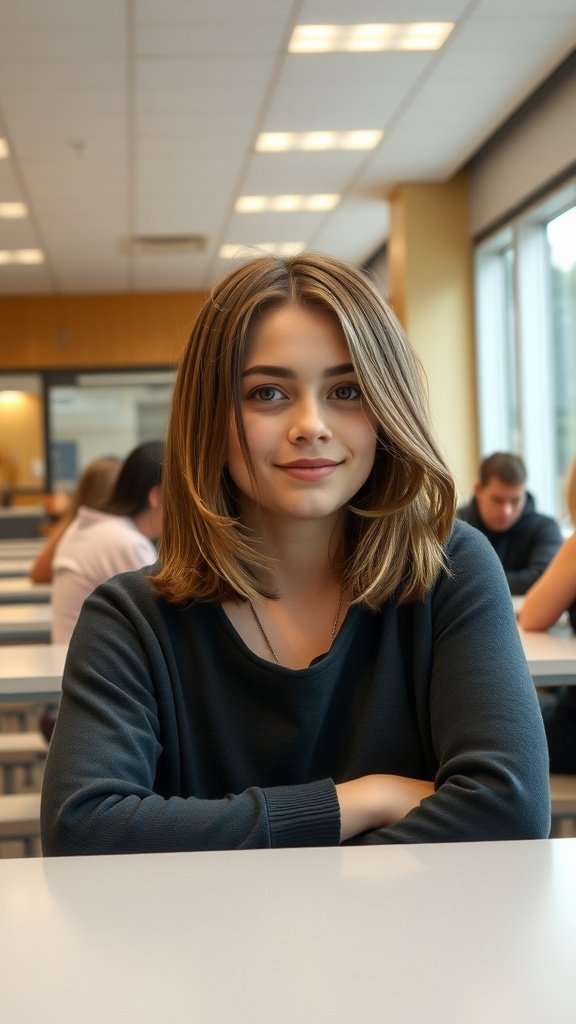 A student with a layered shoulder-length hairstyle, sitting at a desk in a classroom.