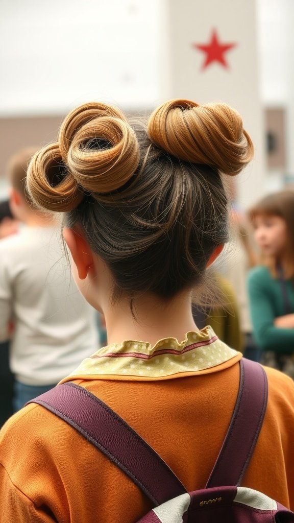 A girl with a vintage roll hairstyle, showcasing twisted rolls on her head.