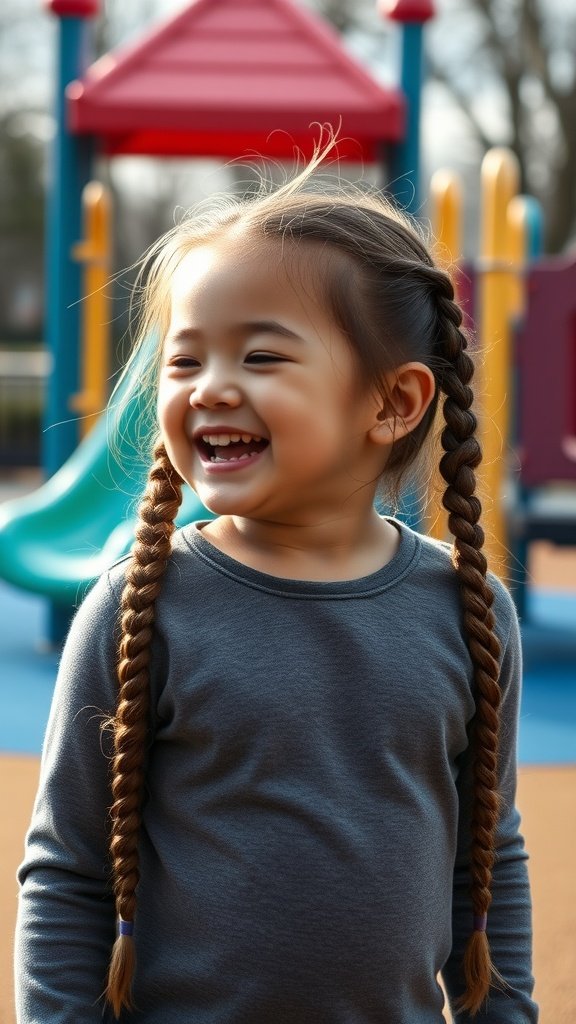 A young girl with bubble braided pigtails smiling at a playground.