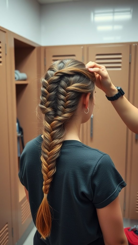 A close-up of a fishtail braid being styled in a school locker room.