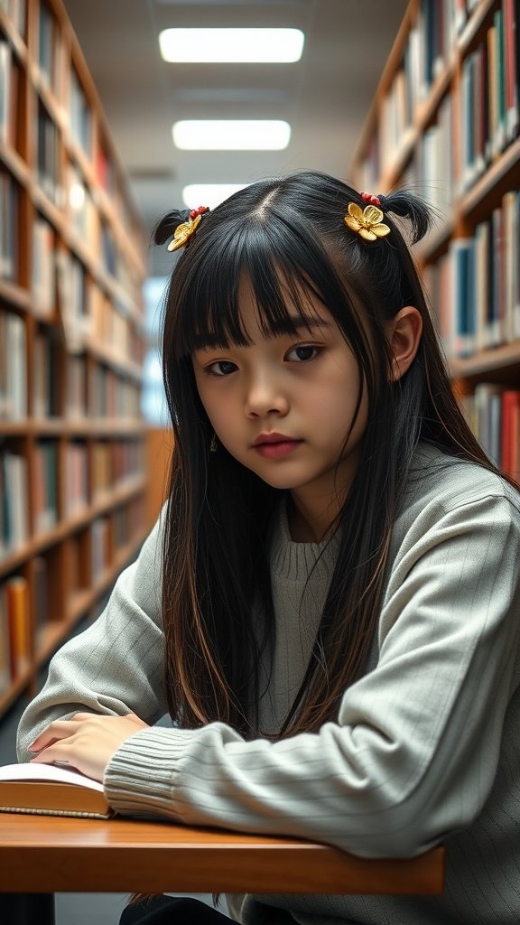 A young girl sitting at a library table with straight hair styled with colorful clips.