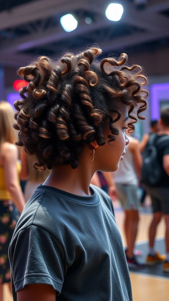 A girl with spiral curls stands in a crowded space, showcasing her beautiful hairstyle.