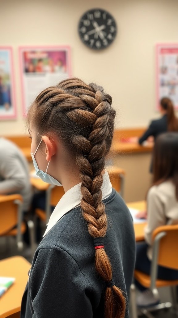 A student with a chic braided crown hairstyle in a classroom setting.