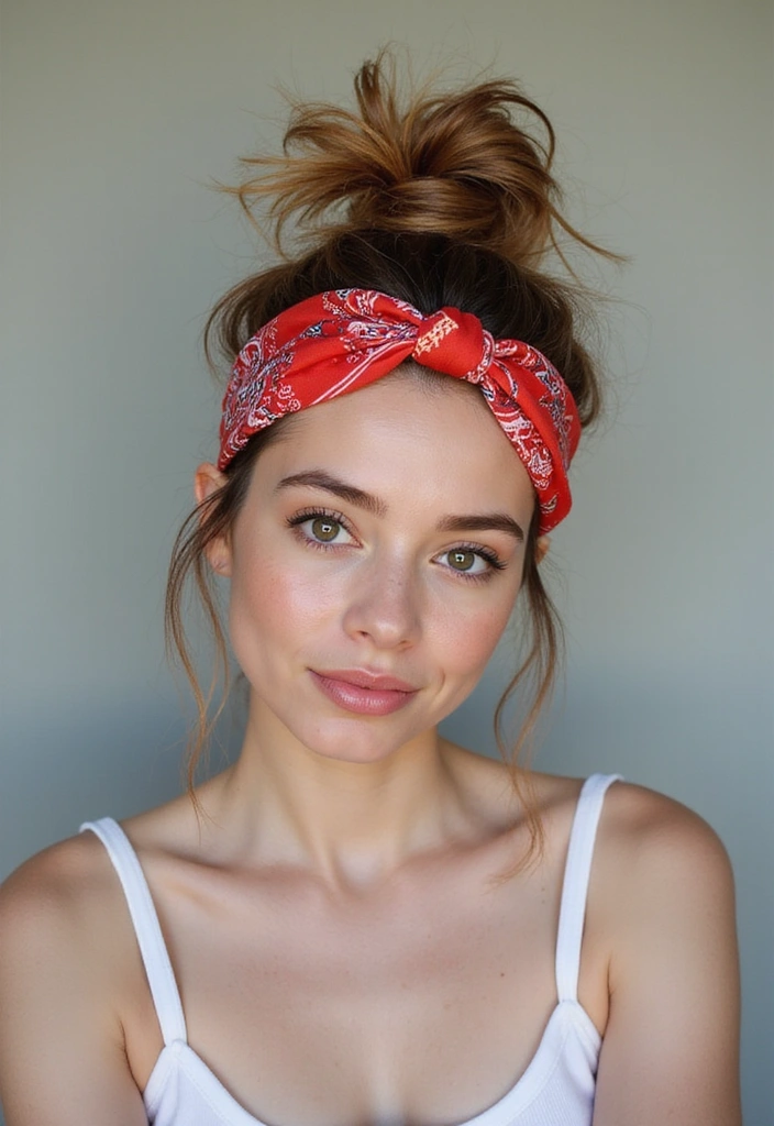 21 Aesthetic Headband Hairstyles That Will Transform Your Look Instantly! - 6. Messy Top Knot with a Bandana Headband